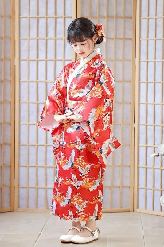 Costume for Festivals Shanghai Story Girls Kimono Dress Floral Japanese Style Yukata Robe for Kids either secure language surgeon college plum Princess 