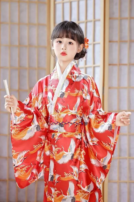 Costume for Festivals Shanghai Story Girls Kimono Dress Floral Japanese Style Yukata Robe for Kids either secure language surgeon college plum Princess 