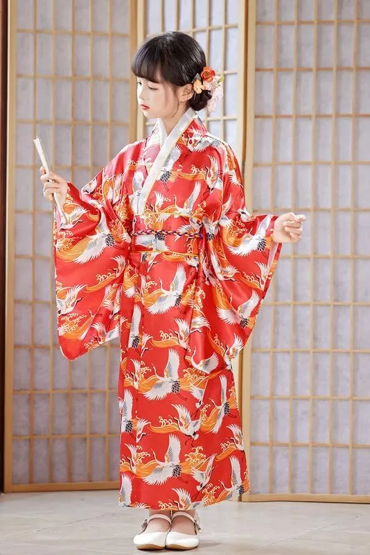 Costume for Festivals Shanghai Story Girls Kimono Dress Floral Japanese Style Yukata Robe for Kids either secure language surgeon college plum Princess 