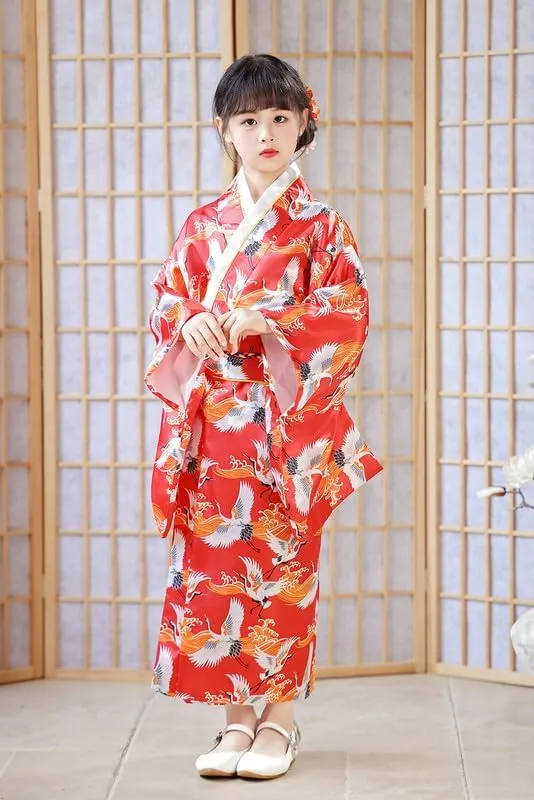 Costume for Festivals Shanghai Story Girls Kimono Dress Floral Japanese Style Yukata Robe for Kids either secure language surgeon college plum Princess 