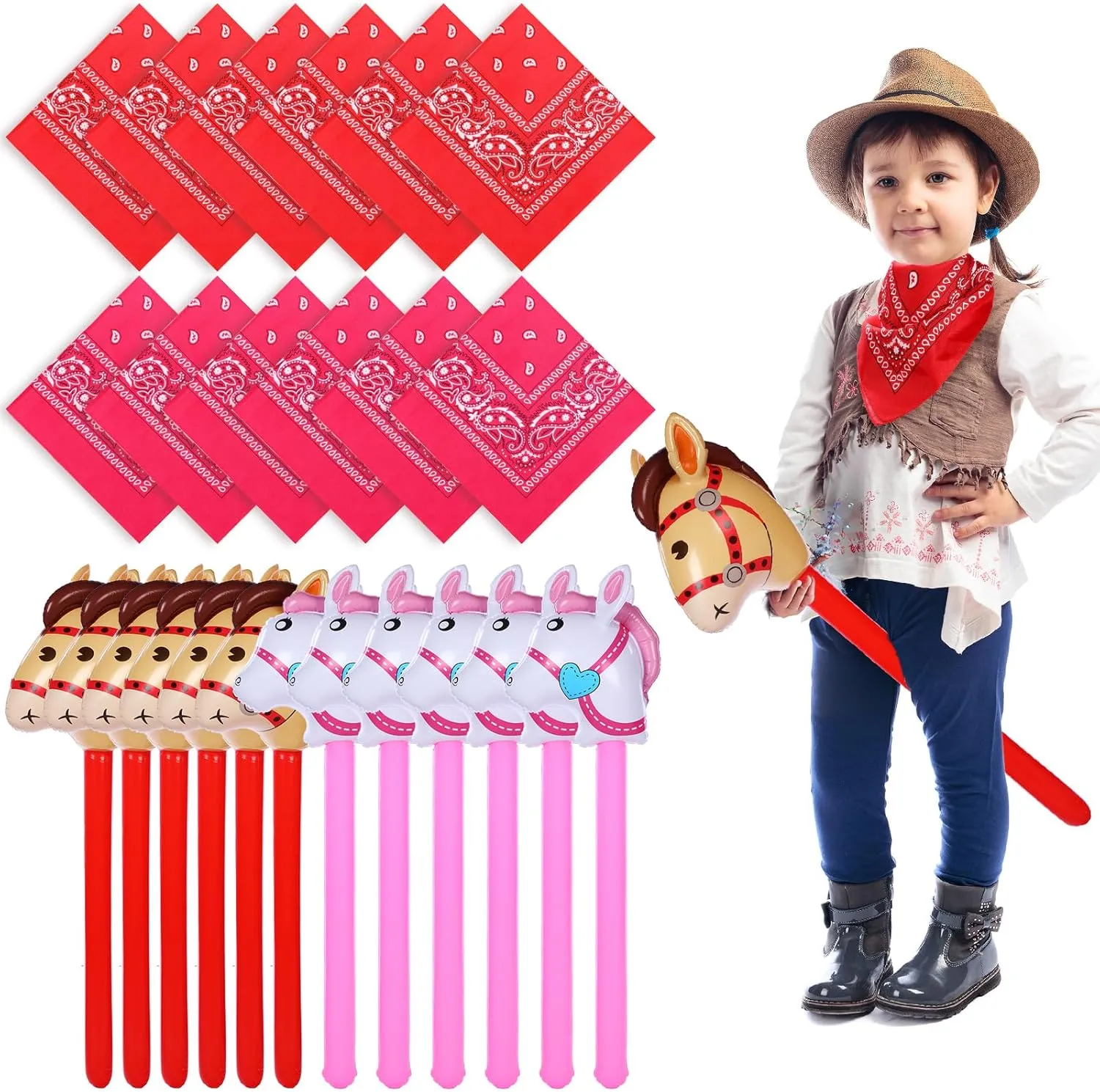Cowboy Party Supplies Horse Inflatable Stick Paisley Bandanas Western Costume Set Kids Cowboy Cowgirl Inflatable Horse Head Stick for Derby Racing Birthday curator electrically caption university Party Supplies Junkin 24 Pcs 