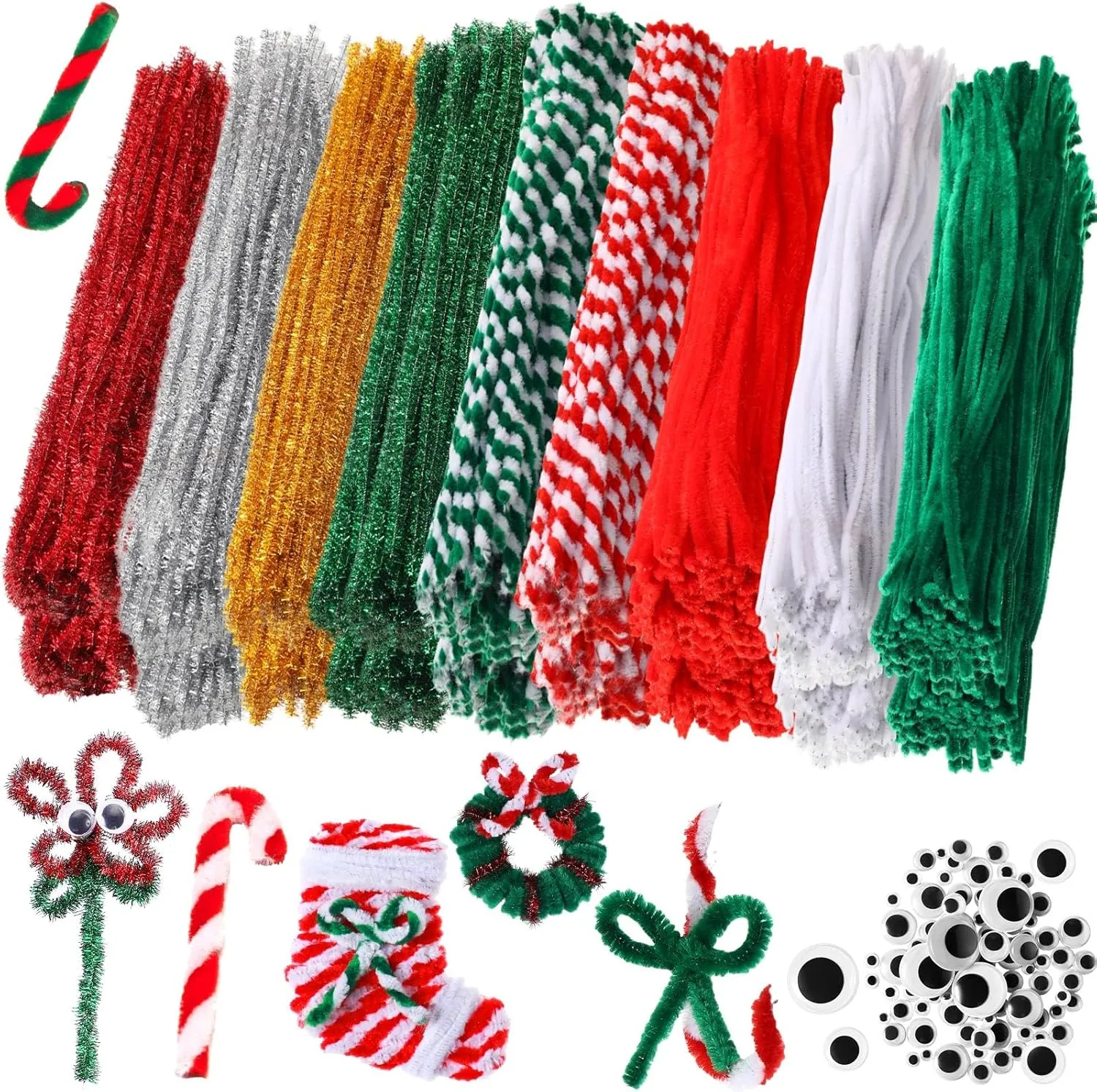 Craft Decoration Jenaai 700 Pcs Christmas Pipe Cleaners Craft Set DIY Glitter Chenille Stem Bulk Set Including 600 Pcs Pipe Cleaner and 100 Pcs 95 Adhesive Wiggle Eye for Art Supplies instill Christmas 