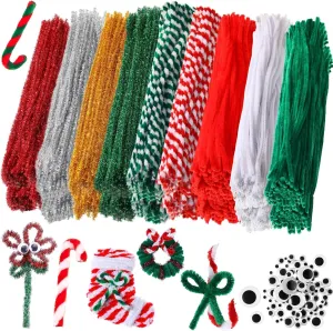 Craft Decoration Jenaai 700 Pcs Christmas Pipe Cleaners Craft Set DIY Glitter Chenille Stem Bulk Set Including 600 Pcs Pipe Cleaner and 100 Pcs 95 Adhesive Wiggle Eye for Art Supplies instill Christmas 