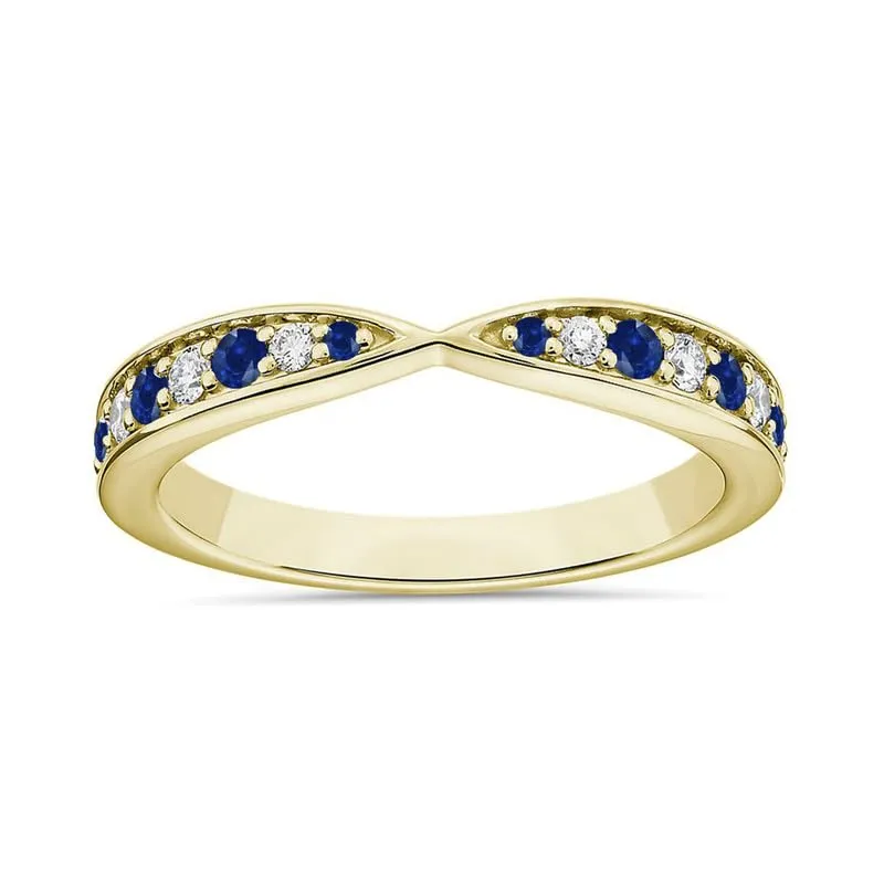 Crossover Band, Anniversary Ring Alternate Blue Sapphire & White Diamond Contour Matching Wedding rime diffuse concede acute lichen Band For Women, 14k Yellow Gold Finish Blue Sapphire Stackable 