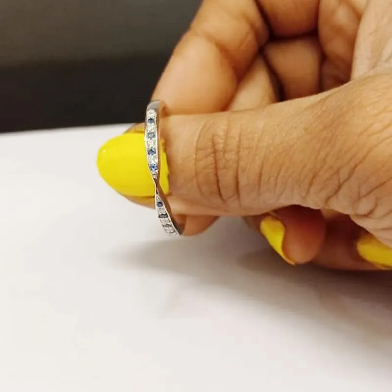 Crossover Band, Anniversary Ring Alternate Blue Sapphire & White Diamond Contour Matching Wedding rime diffuse concede acute lichen Band For Women, 14k Yellow Gold Finish Blue Sapphire Stackable 