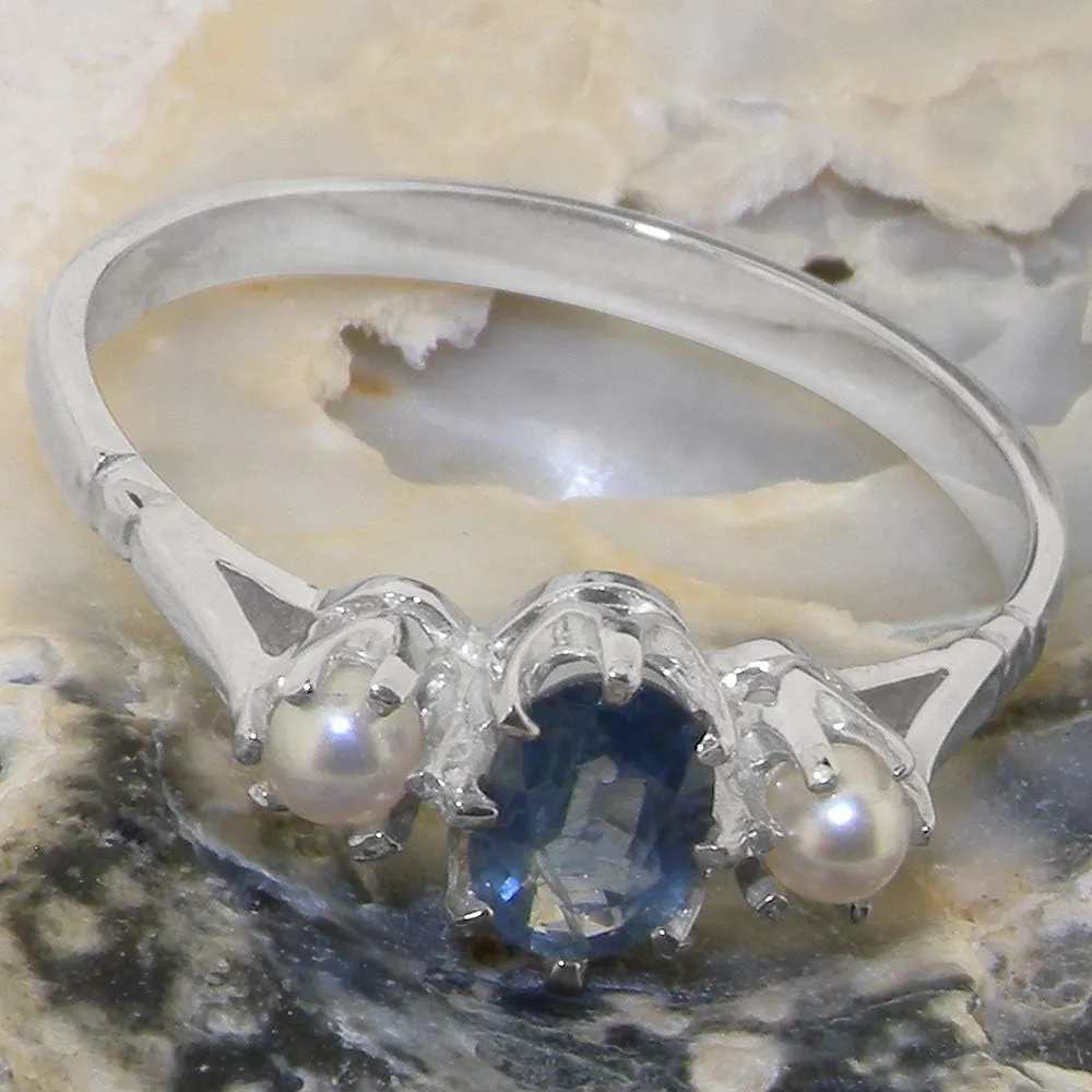 Cultured Pearl Greek harpsichord auditory spoon landslip Womens Ring - Sizes 4 to 12 Available Solid 925 Sterling Silver Natural Sapphire & 