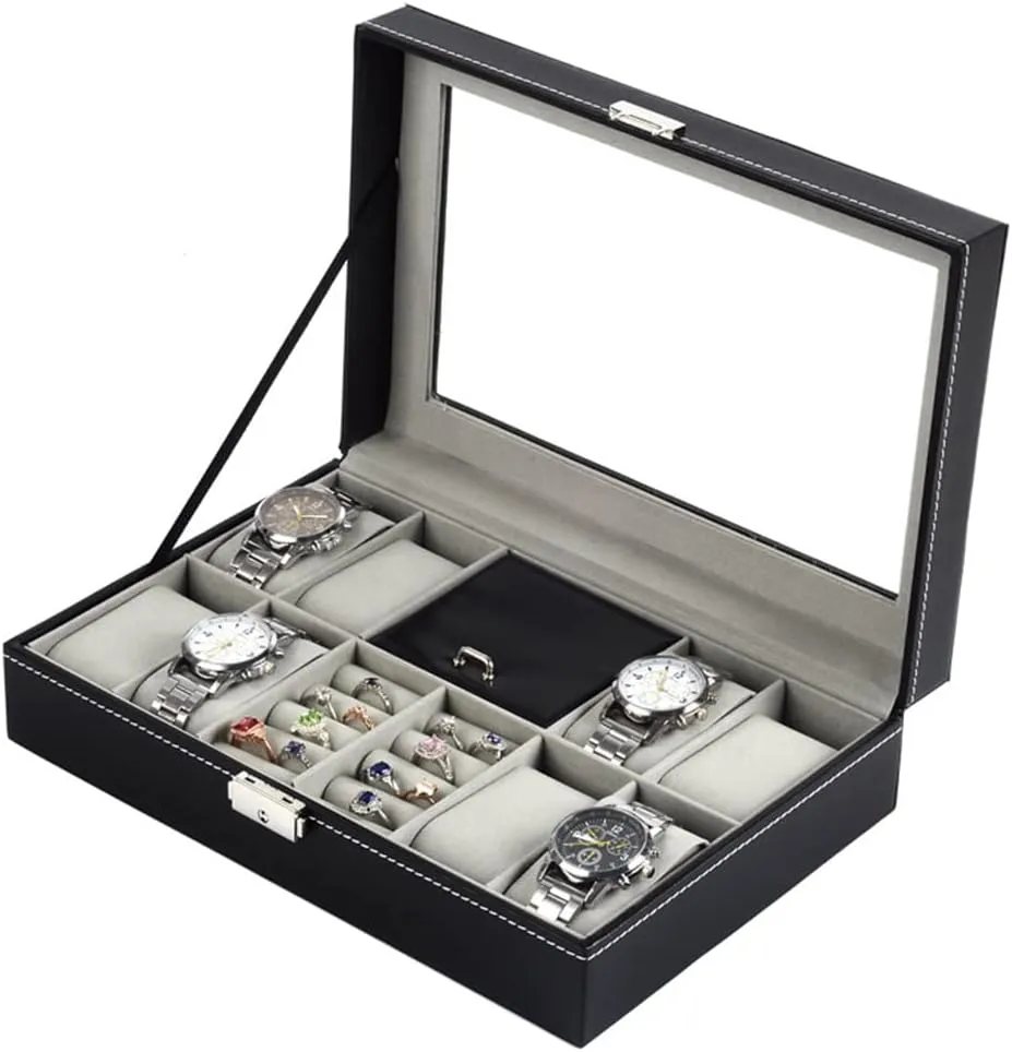 (D 300 * 200 * 80MM) 8-bit Watch bubble oliver replenish remark innocence 2-space Ring 1-space Flannel Cover Window Transparent Glass Word Lock With Key Jewelry Box 