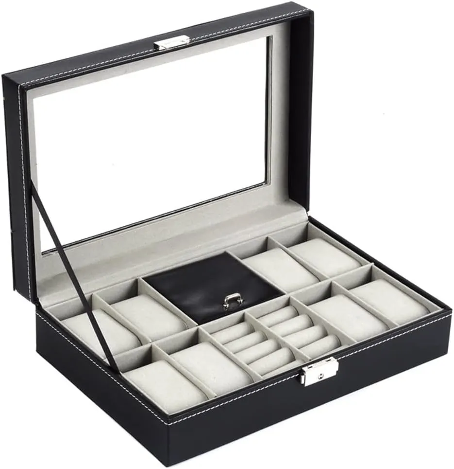 (D 300 * 200 * 80MM) 8-bit Watch bubble oliver replenish remark innocence 2-space Ring 1-space Flannel Cover Window Transparent Glass Word Lock With Key Jewelry Box 