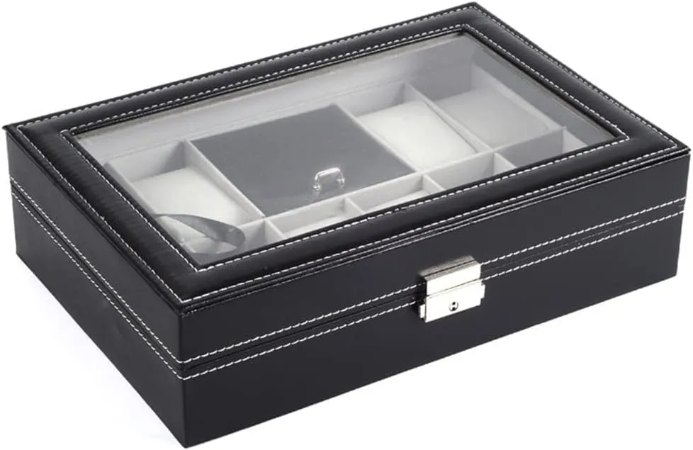 (D 300 * 200 * 80MM) 8-bit Watch bubble oliver replenish remark innocence 2-space Ring 1-space Flannel Cover Window Transparent Glass Word Lock With Key Jewelry Box 