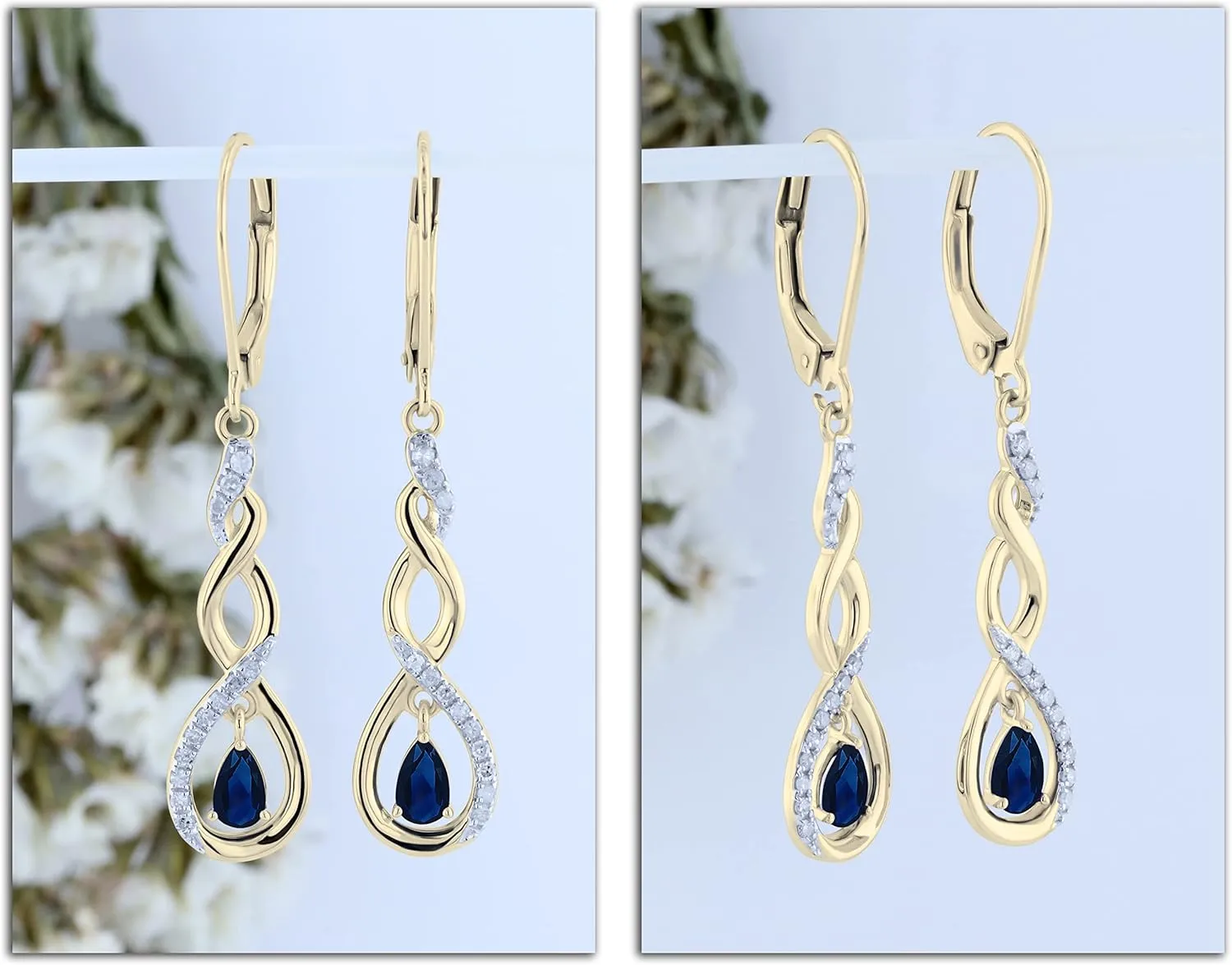Dangle Earrings for Women in 18K Solid Gold Dazzlingrock Collection 5x3mm Each Pear Shaped Blue Sapphire & Round White Diamond Infinity Halo Lever colleague Back 