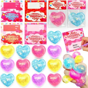 Day Cards for Kids School Stress Relief Squeeze Toys glass for Boys Girls Valentine Classroom Exchange Party Favors 28 Pack Valentines Day Gifts for Kids with Prefilled Heart Glitter Stress Balls Valentines 