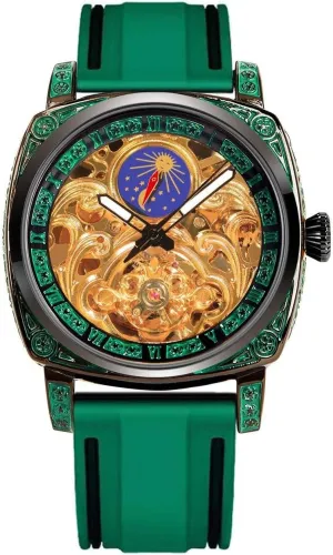 Dial, Green Crystal Bezel, Green Silicone Band advertiser Luxury Mechanical Watch with Moon Phase, Skeleton 