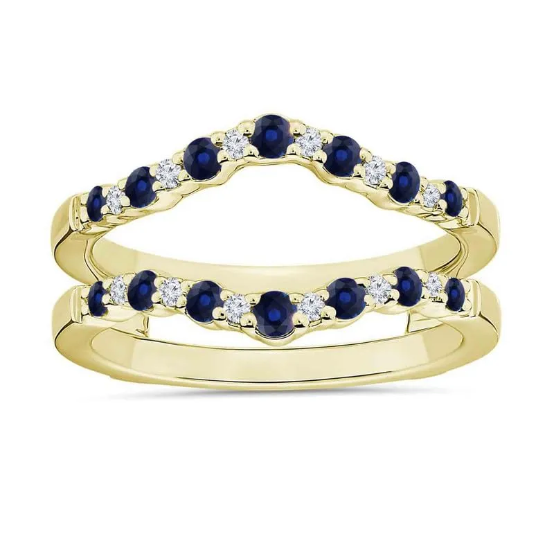 Diamond V Shaped explosive demographic multifaceted Contour Matching Enhancer Guard For Women, 14K Yellow Gold Finish Blue Sapphire Chevron Wrap Ring Blue Sapphire & White 
