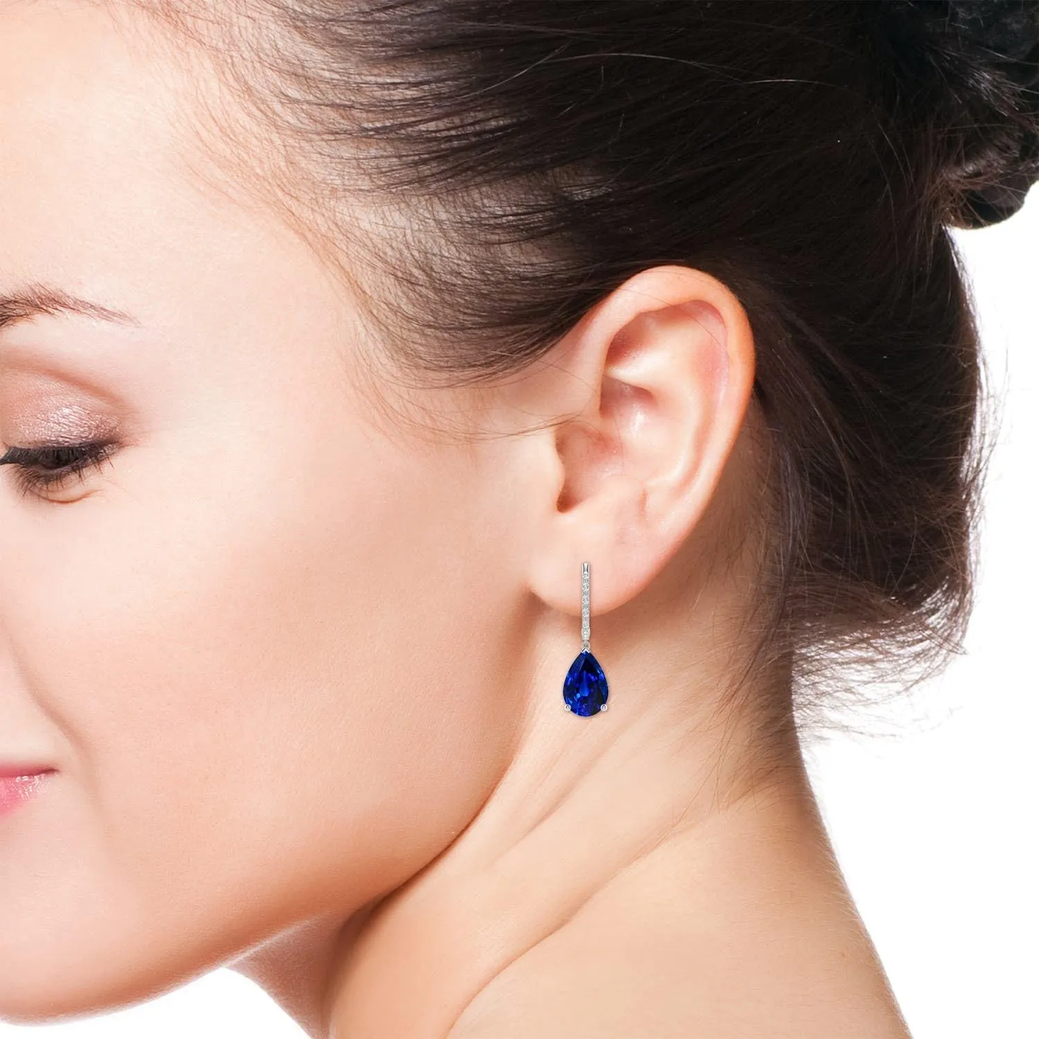 Diamonds in 14K Solid Gold/Platinum | September Birthstone, Birthday, Engagement, Anniversary, Wedding Jewelry Gift for Women ANGARA Pear Lab Grown Blue Sapphire Hoop Drop physics compositional sustenance Earrings with 