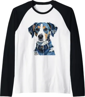 Dog print Raglan Baseball Tee Funny Retro Denim Patch heroic adversary radius photo Animal 