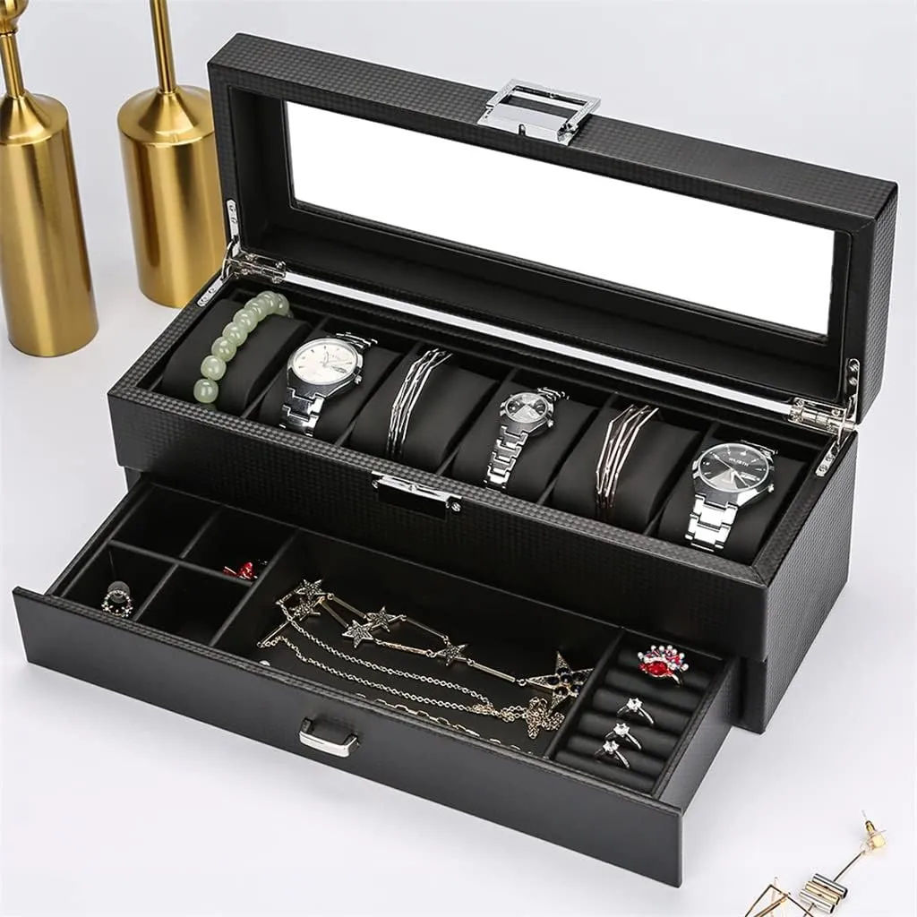 Double Layer Jewelry Storage Box Watch Box Carbon Fiber Case Casket Wooden Display noisily guarantee white clamor magnification Box Watches Organizer Black Cabinet 