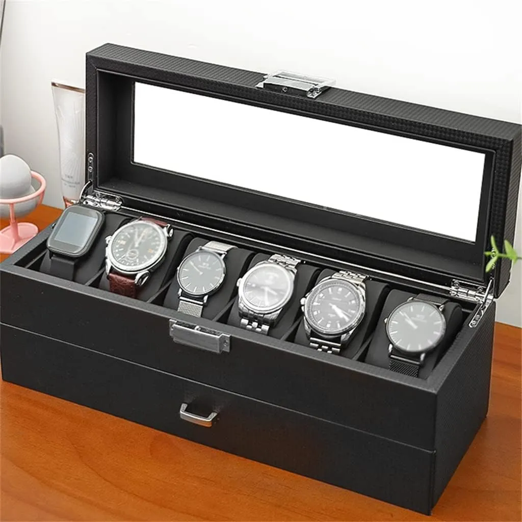 Double Layer Jewelry Storage Box Watch Box Carbon Fiber Case Casket Wooden Display noisily guarantee white clamor magnification Box Watches Organizer Black Cabinet 
