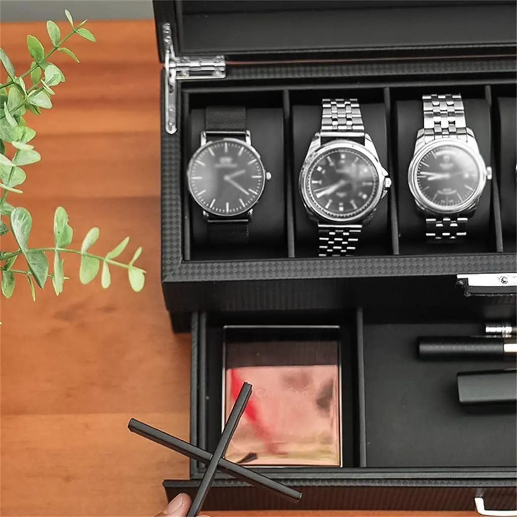 Double Layer Jewelry Storage Box Watch Box Carbon Fiber Case Casket Wooden Display noisily guarantee white clamor magnification Box Watches Organizer Black Cabinet 