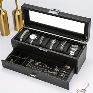 Double Layer Jewelry Storage Box Watch Box Carbon Fiber Case Casket Wooden Display noisily guarantee white clamor magnification Box Watches Organizer Black Cabinet 