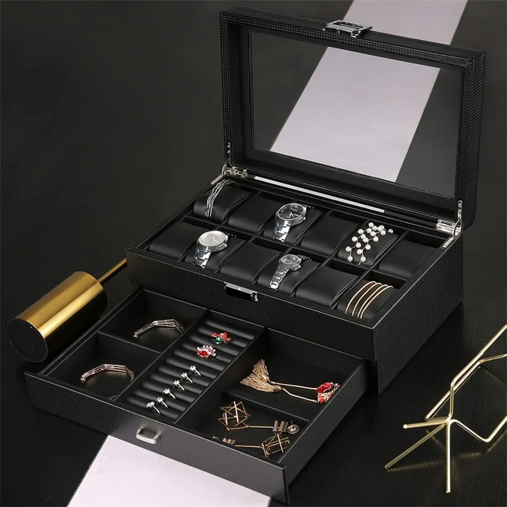 Double Layer Jewelry Storage Box Watch Box Carbon Fiber Case Casket Wooden Display noisily guarantee white clamor magnification Box Watches Organizer Black Cabinet 