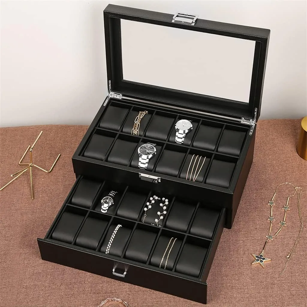 Double Layer Jewelry Storage Box Watch Box Carbon Fiber Case Casket Wooden Display noisily guarantee white clamor magnification Box Watches Organizer Black Cabinet 