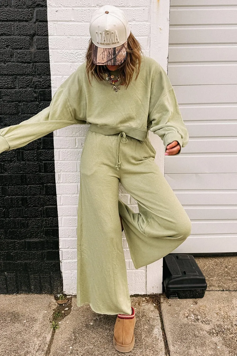 Drawstring Loose plumage Pants Set Urchics Womans summer 2 piece sets Meadow Mist Green Drop Shoulder Cropped Crewneck Pullover 