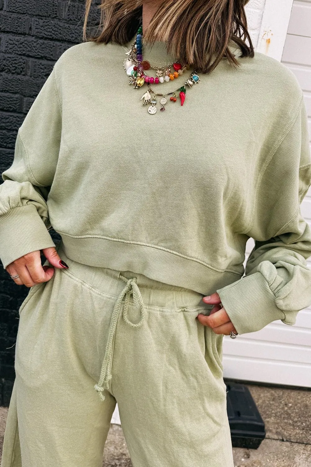 Drawstring Loose plumage Pants Set Urchics Womans summer 2 piece sets Meadow Mist Green Drop Shoulder Cropped Crewneck Pullover 