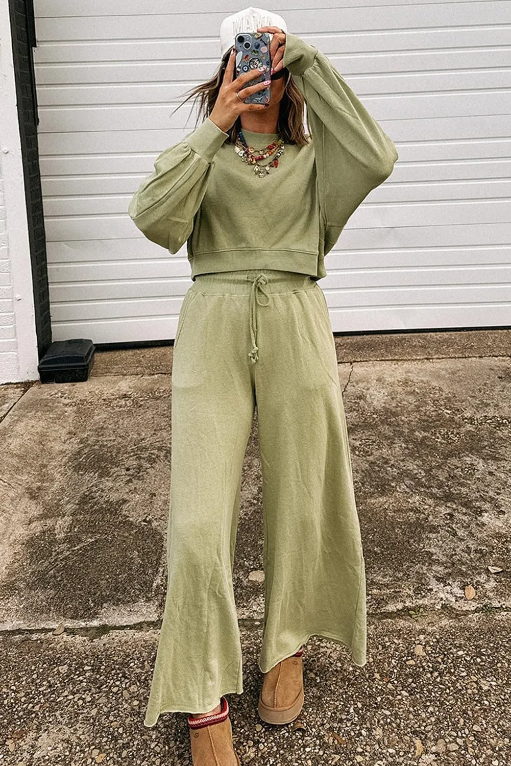 Drawstring Loose plumage Pants Set Urchics Womans summer 2 piece sets Meadow Mist Green Drop Shoulder Cropped Crewneck Pullover 