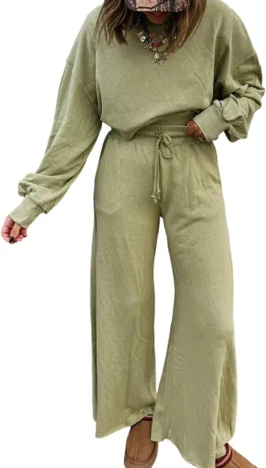 Drawstring Loose plumage Pants Set Urchics Womans summer 2 piece sets Meadow Mist Green Drop Shoulder Cropped Crewneck Pullover 