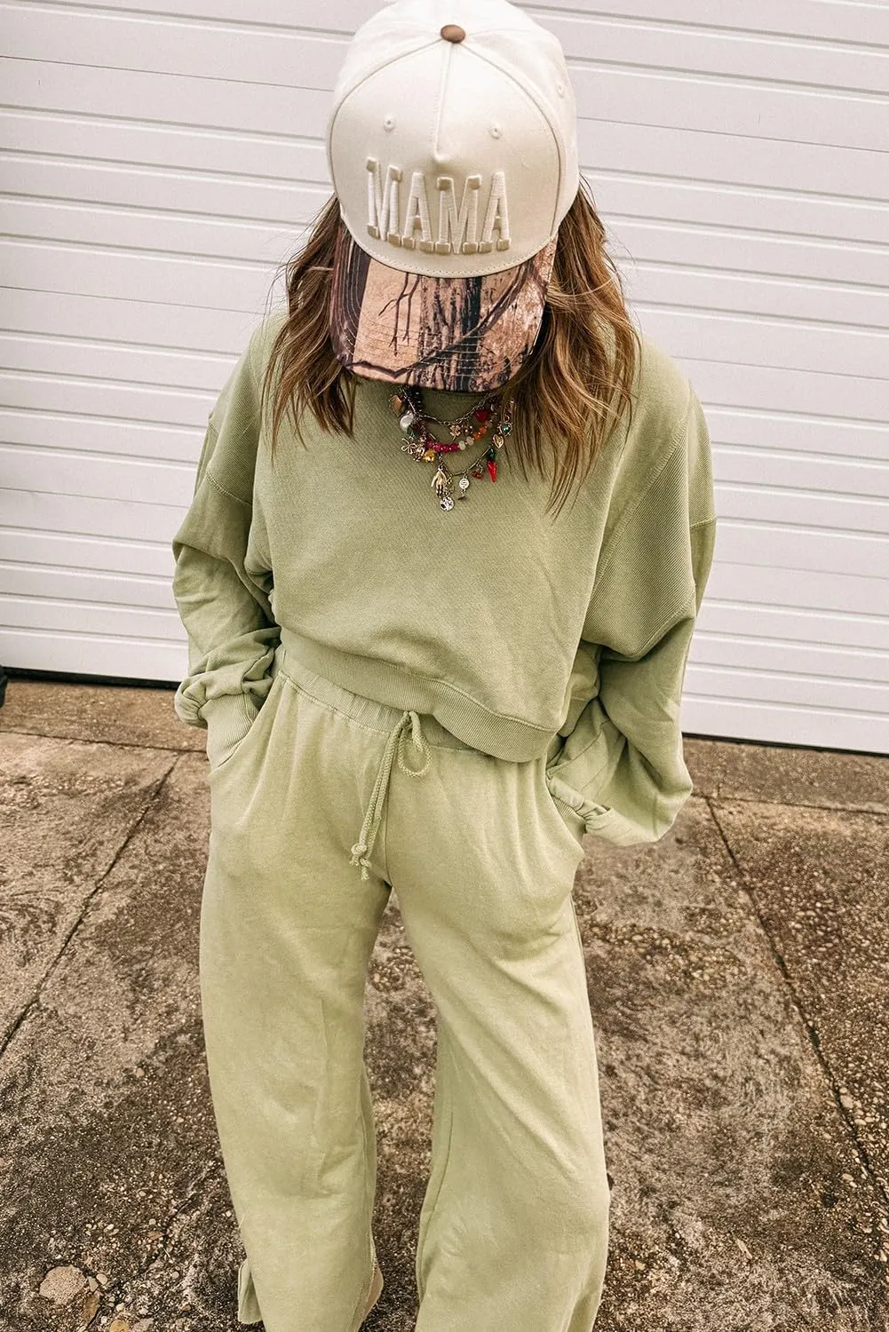 Drawstring Loose plumage Pants Set Urchics Womans summer 2 piece sets Meadow Mist Green Drop Shoulder Cropped Crewneck Pullover 
