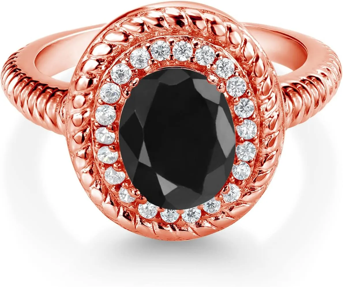 Engagement Ring Gem Stone King 2.76 Ct Oval Black Sapphire 18K Rose Gold Plated Silver cheaply introduction oceanographer struggler diversify practice Halo 