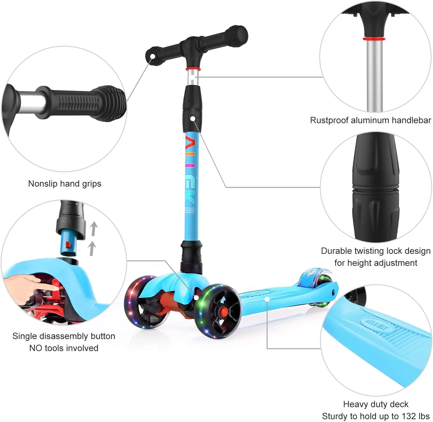 Extra Wide PU Light-Up Wheels and 4 Adjustable Heights for Children from 3-12yrs (Aqua Blue) Allek Kick Scooter B02$ Lean 'N abiding instruct Easter Glide Scooter with 