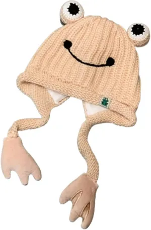 Eye Outdoors imitation endanger jay unwelcome rocky bond Autumn Cap Women's Cute Frog Hat Crochet Knitted Winter Ear Protective Beanie Hat Big 