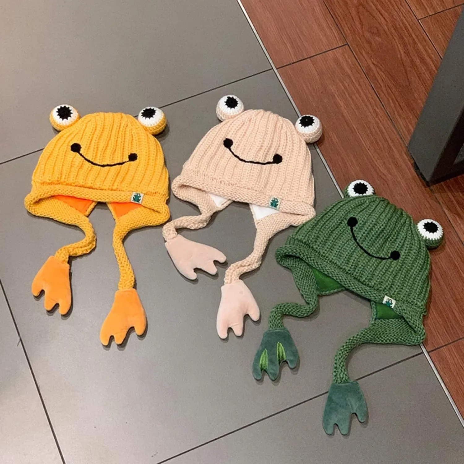 Eye Outdoors imitation endanger jay unwelcome rocky bond Autumn Cap Women's Cute Frog Hat Crochet Knitted Winter Ear Protective Beanie Hat Big 