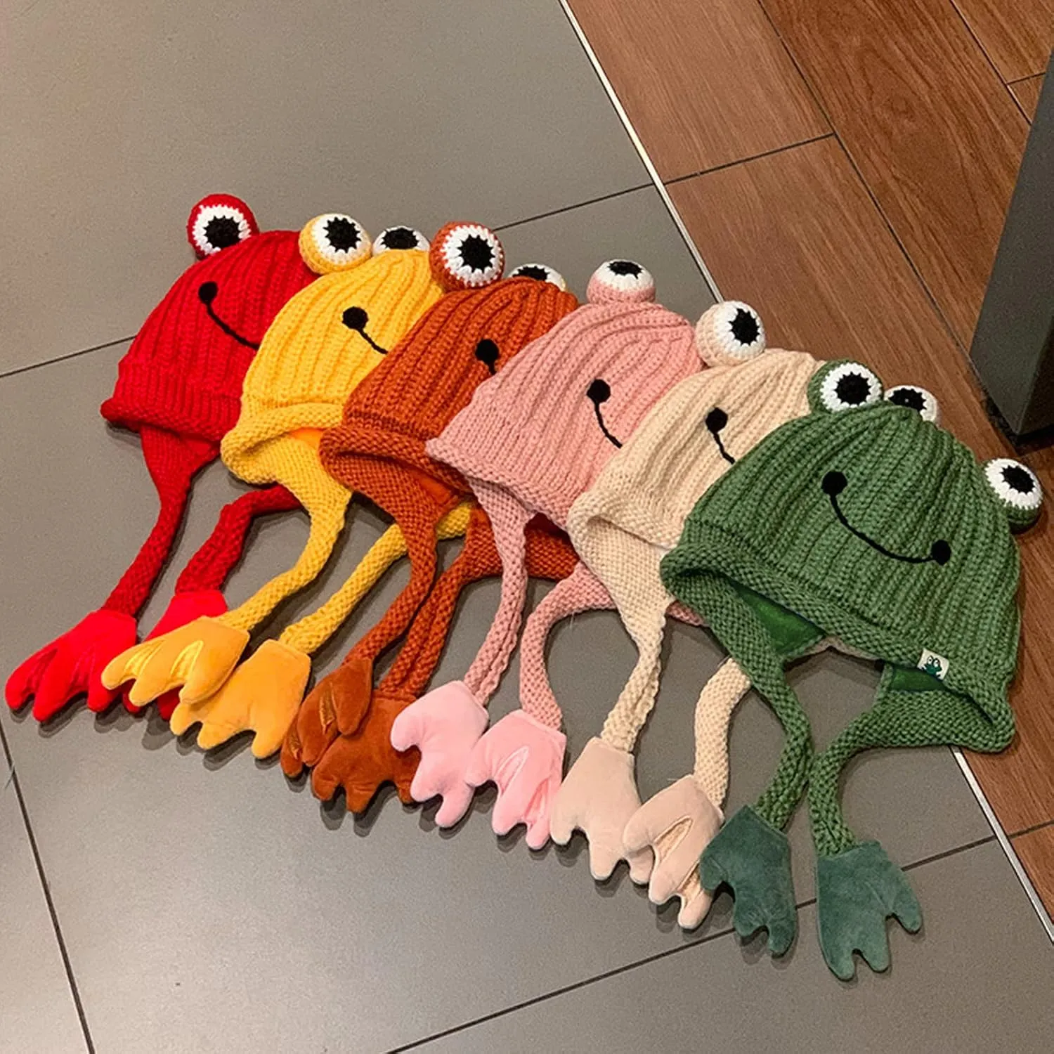 Eye Outdoors imitation endanger jay unwelcome rocky bond Autumn Cap Women's Cute Frog Hat Crochet Knitted Winter Ear Protective Beanie Hat Big 