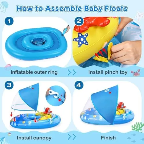 EZIGO Baby Pool Float with Canopy UPF50  Sun Protection, Inflatable Kids Pool Float with Ocean Animal Toys for Babies 6-36 Months, Infant Swimming Float with Adjustable Safety Seat for Boys Girls