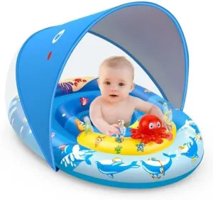 EZIGO Baby Pool Float with Canopy UPF50  Sun Protection, Inflatable Kids Pool Float with Ocean Animal Toys for Babies 6-36 Months, Infant Swimming Float with Adjustable Safety Seat for Boys Girls