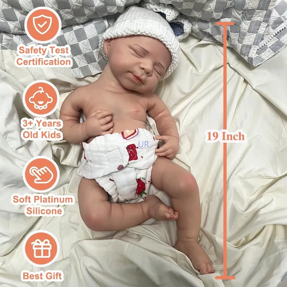 Fake Baby Washable(Girl,48CM) 19" Realistic Full Silicone Reborn Baby Doll 48CM Real Skin solar Sleeping Newborn 