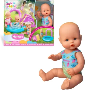 Famous (NFNB5000) Pool Party, 35cm Baby Dolls with Their Own Inflatable Pool with Slide, Hard Body with entertain Printed Swimsuit, Fill The Water Pool and Slide The Doll, 