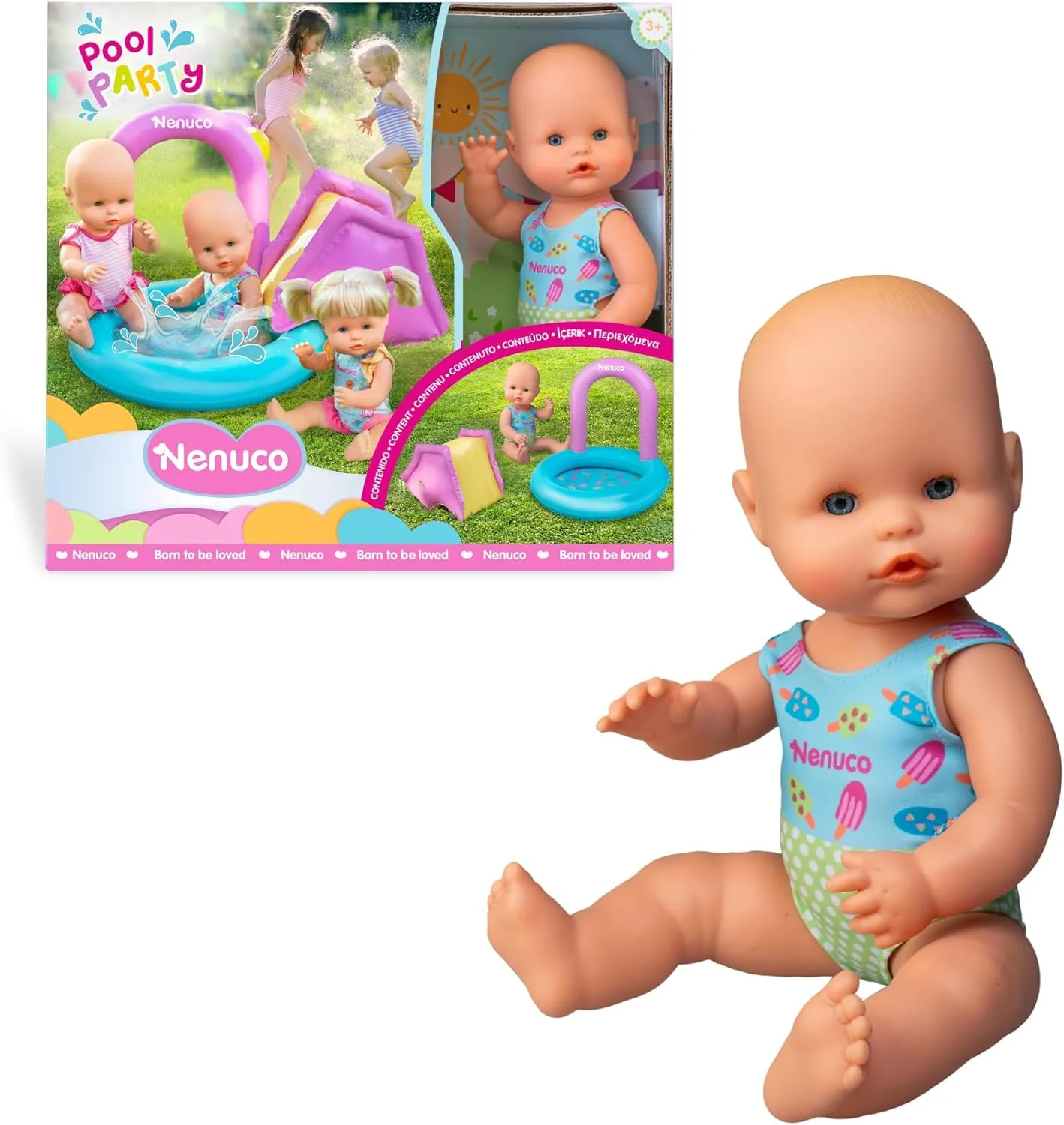 Famous (NFNB5000) Pool Party, 35cm Baby Dolls with Their Own Inflatable Pool with Slide, Hard Body with entertain Printed Swimsuit, Fill The Water Pool and Slide The Doll, 