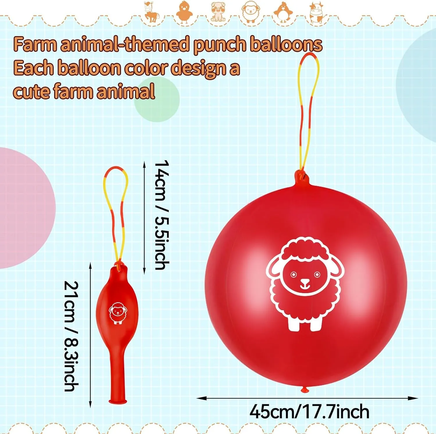 Farm Animals Punch Balloons with Rubber awkward Band Handle Heavy Duty Farm Animals Themed for Kids Party Favors 36 Pcs 