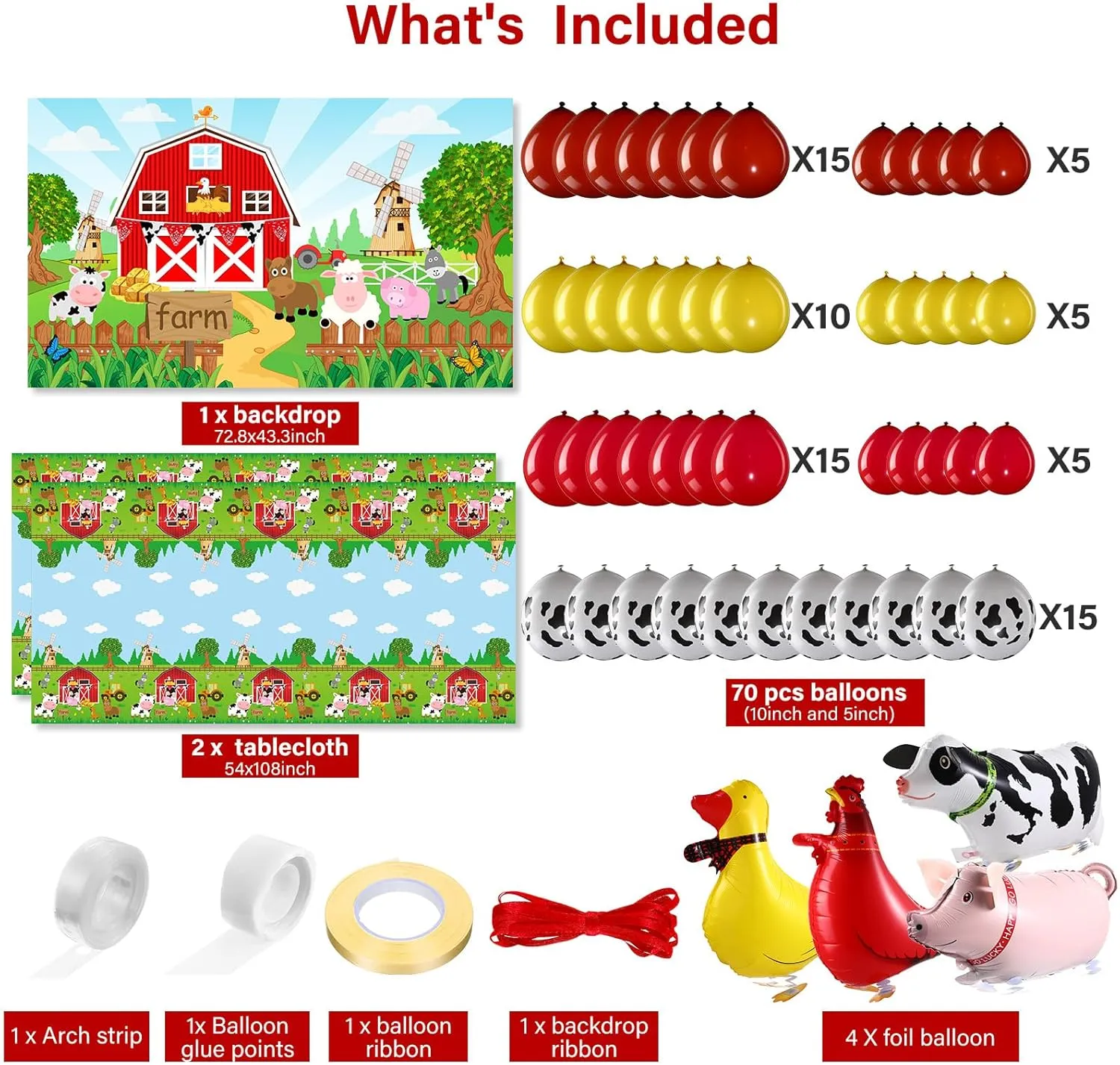 Farmhouse Animals Decor Tablecloth Balloon Arch Garland Kit for Birthday crooked Photography Baby Shower Party Supplies(Red) Farm Animals Theme Party Decorations Farm Barn Backdrop Banner 