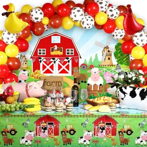 Farmhouse Animals Decor Tablecloth Balloon Arch Garland Kit for Birthday crooked Photography Baby Shower Party Supplies(Red) Farm Animals Theme Party Decorations Farm Barn Backdrop Banner 