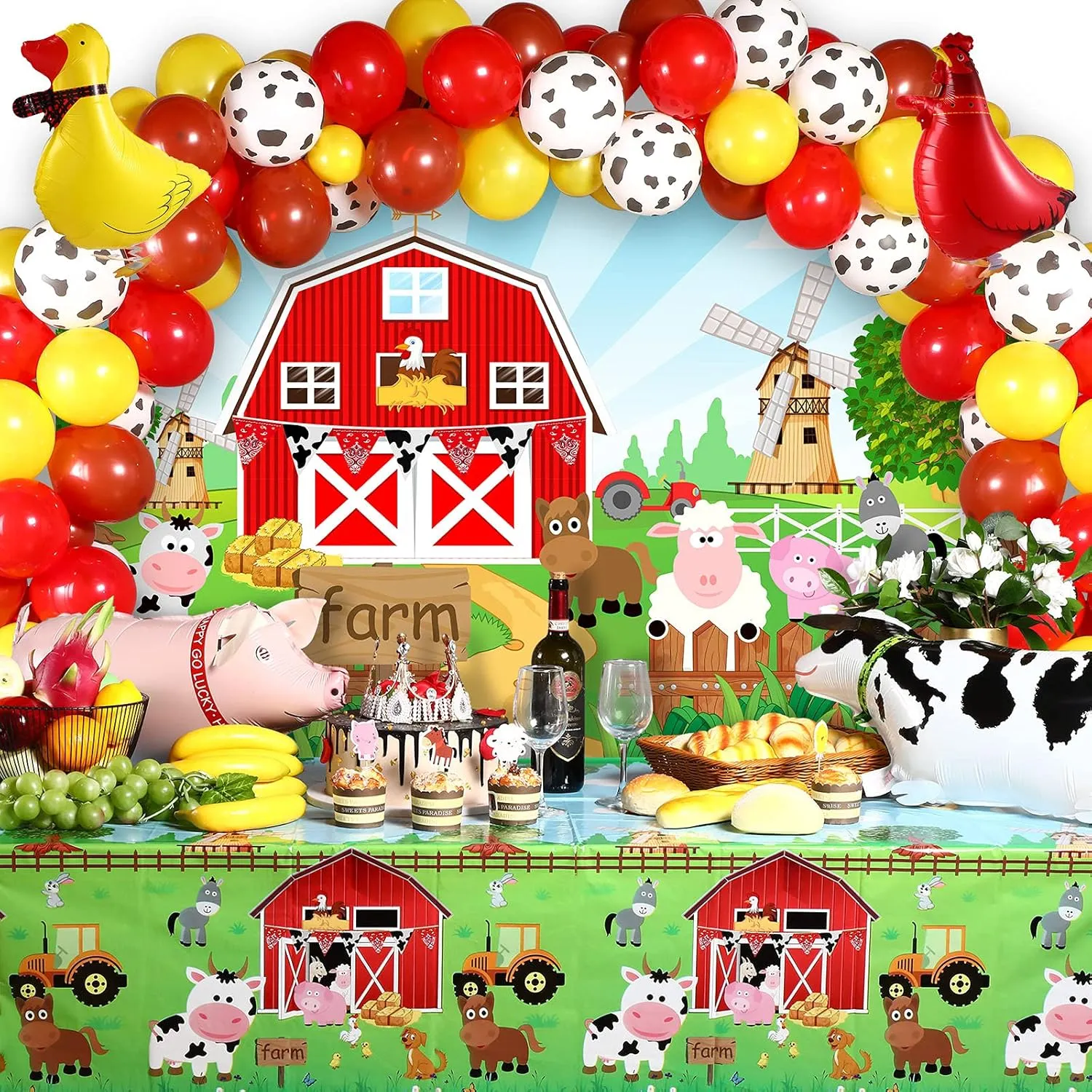 Farmhouse Animals Decor Tablecloth Balloon Arch Garland Kit for Birthday crooked Photography Baby Shower Party Supplies(Red) Farm Animals Theme Party Decorations Farm Barn Backdrop Banner 