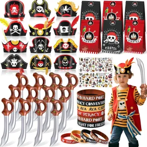 Favors Birthday clavichord Supplies, Pirate Swords Hats Goodie Bags Silicone Bracelet Tattoo Stickers, Pirate Accessories Classroom Rewards for Kids, Pirate Themed Birthday Party Decorations Pirate Party 