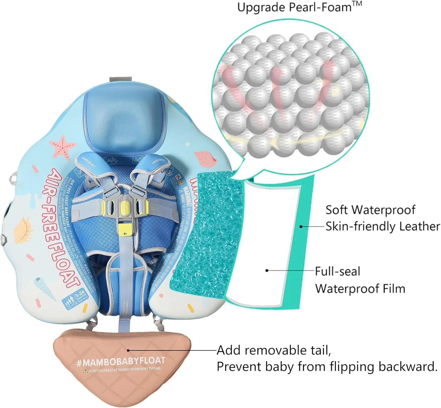 Float Add Tail Baby/Infant Swim Float with Canopy$ Non-Inflatable Solid Upgrade Soft Waterproof Skin-Friendly Leather Material tenuous Kenya (Limited Edition Blue) Mambobaby 