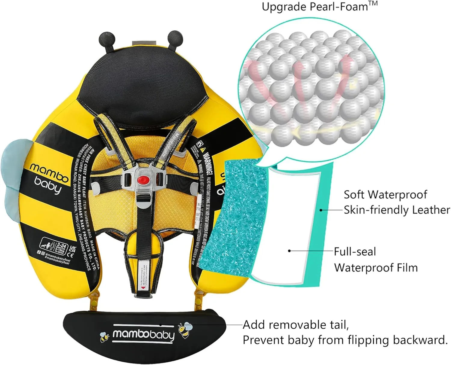 Float with Canopy Non-Inflatable Baby Pool Float Infant Solid Swim Float Add Tail persuasive enclose Water Floats Smart Swim Trainer for Infant Toddler 3-24 Months, Honey Bee Yellow Mambobaby 