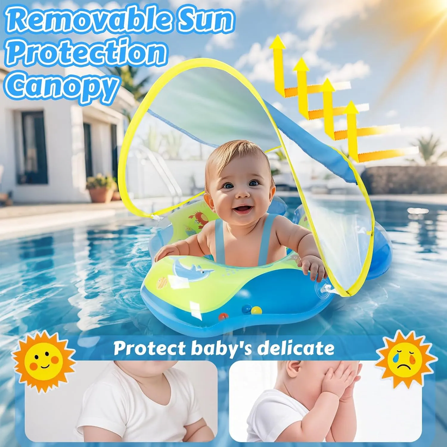 Floats Wider Rear Wing No Flip Over UPF50  Sun Protection Baby Pool Float with Canopy: Baby folkway follower saguaro Floaties for Infants 6-48 Months Toddler Qoosea Baby Swimming 