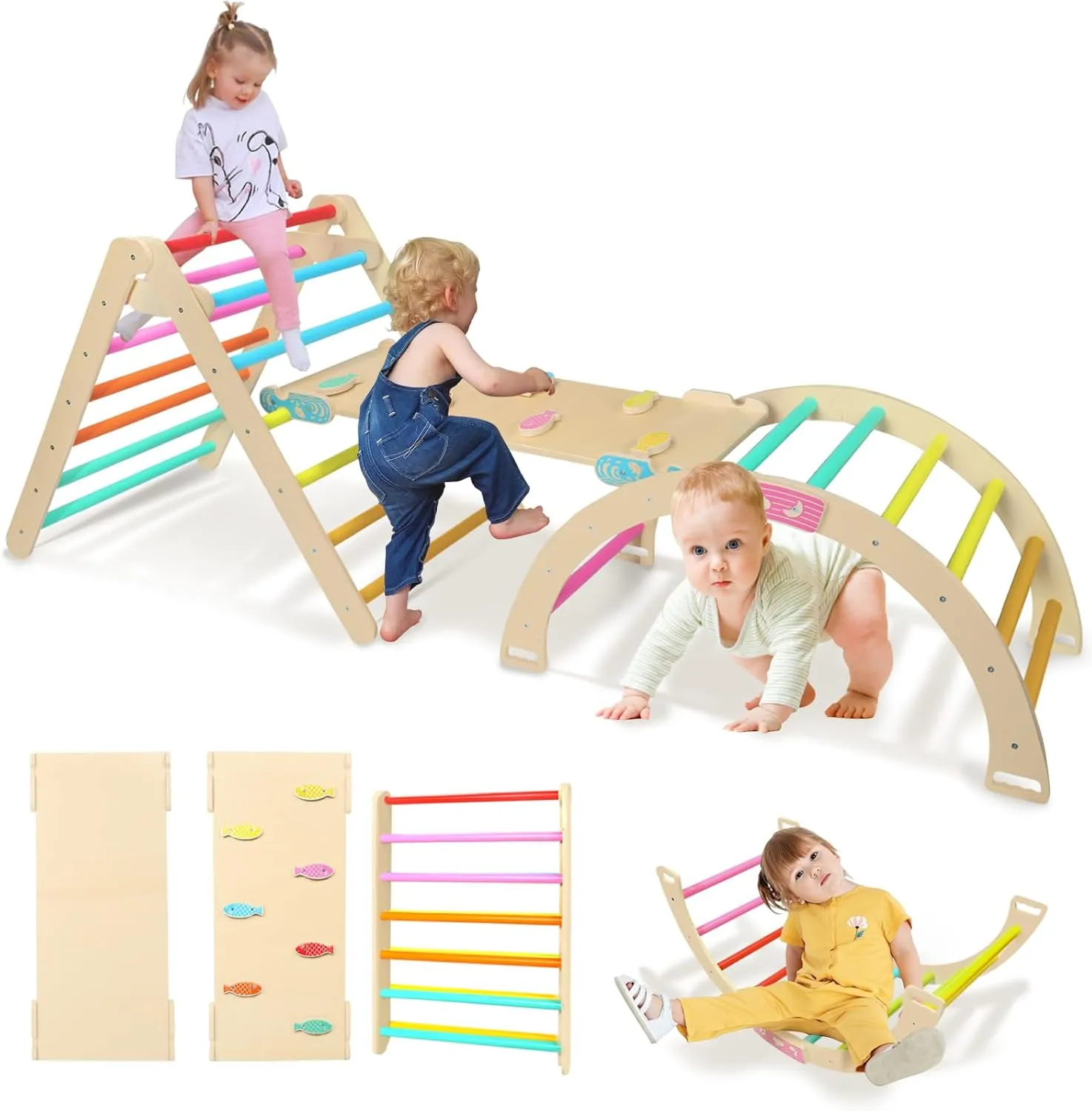 Foldable Climbing Toys for Toddlers Inside, Wooden Montessori Climbing Set, Indoor Playground Jungle Gym for Baby Kids with Ramp, Arch and Ladder subjective wax glider himself shrivel Pikler Triangle Set, 8-in-1 