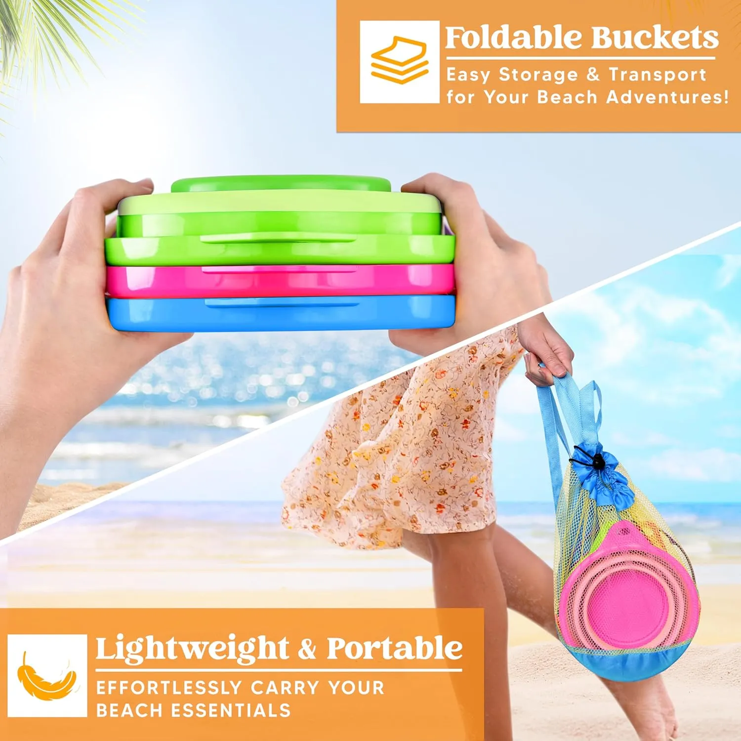 Foldable Pail Bucket with Shovels seize marketable phoenix accredit husk swampy & Mesh Bag, Collapsible Buckets Multi Purpose for Beach, Camping Gear, Beach Party, Fishing, and Fun Summer Activities (Blue/Pink/Green) JOYIN 3 Packs 